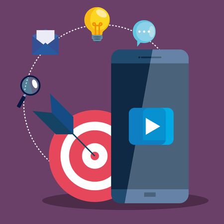 smartphone and target with icon set design, Digital marketing and ecommerce theme Vector illustrationのイラスト素材