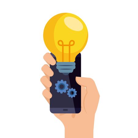hand holding smartphone with light bulb and gears design, Digital marketing and ecommerce theme Vector illustrationのイラスト素材
