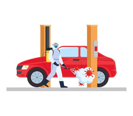 Man with protective suit spraying car with covid 19 virus design, Disinfects clean and antibacterial theme Vector illustrationのイラスト素材