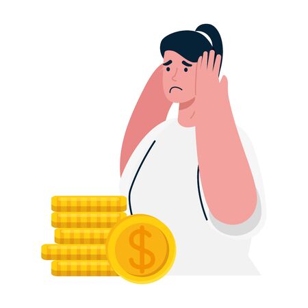 sad woman and coins design of bankruptcy and covid 19 virus theme Vector illustrationのイラスト素材