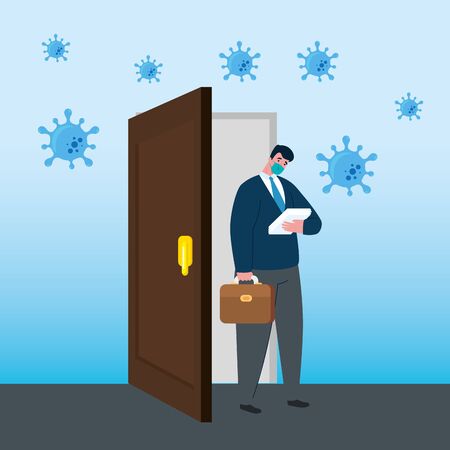 businessman with mask outside door design of bankruptcy and covid 19 virus theme Vector illustrationのイラスト素材