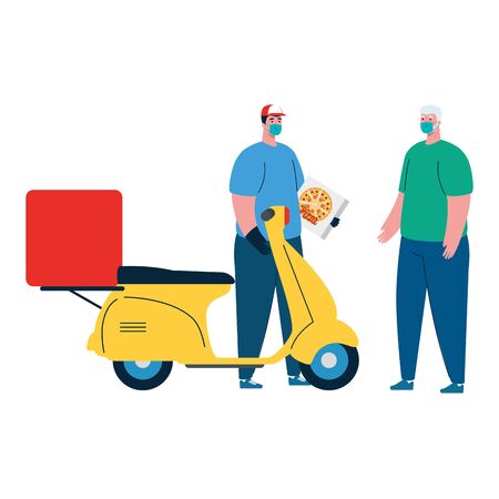 man and client with mask motorcycle and pizza box design, Safe delivery logistics and transportation theme Vector illustrationのイラスト素材