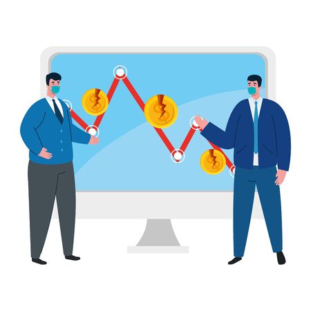 businessmen with masks and decrease arrow on computer design of bankruptcy and covid 19 virus theme Vector illustrationのイラスト素材