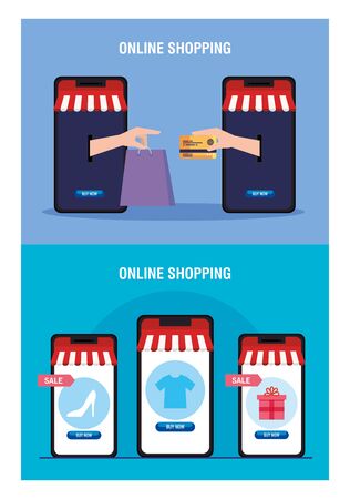 Smartphones with tent hands holding bag credit card and icon set design of Shopping online ecommerce market retail and buy theme Vector illustrationのイラスト素材