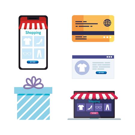 Smartphone gift credit card website and laptop design of Shopping online ecommerce market retail and buy theme Vector illustrationのイラスト素材