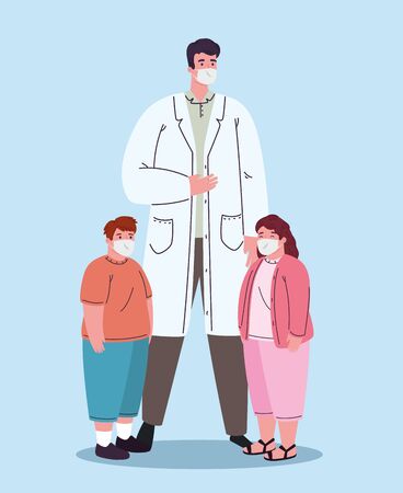 doctor and children wearing medical mask against coronavirus covid 19 vector illustration designのイラスト素材