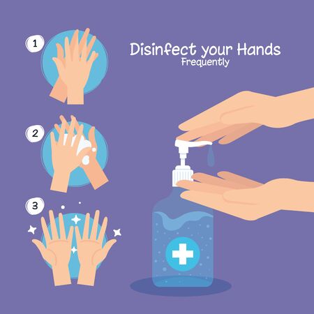 Hands sanitizer bottle and hands washing steps design, Disinfects clean antibacterial and hygiene theme Vector illustrationのイラスト素材