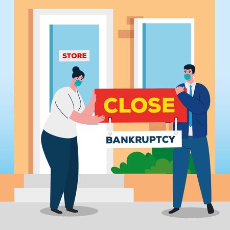 businesspeople with masks on store design of bankruptcy and covid 19 virus theme Vector illustrationのイラスト素材