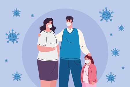 parents and daughter with masks design of medical care and covid 19 virus theme Vector illustrationのイラスト素材