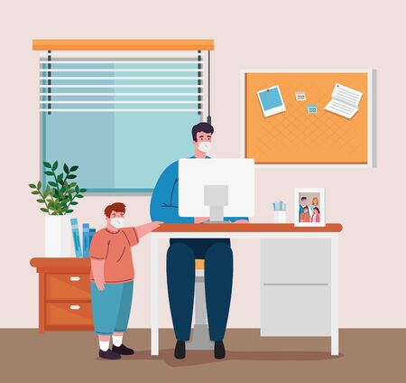 stay home work home, protect yourself, keeping distance for decrease infection prevent covid 19, stay home on quarantine during the coronavirus vector illustration designのイラスト素材