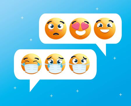 speech bubbles with set of emoji crying wearing medical masks, chat social media, icons for covid 19 coronavirus outbreak vector illustration designのイラスト素材