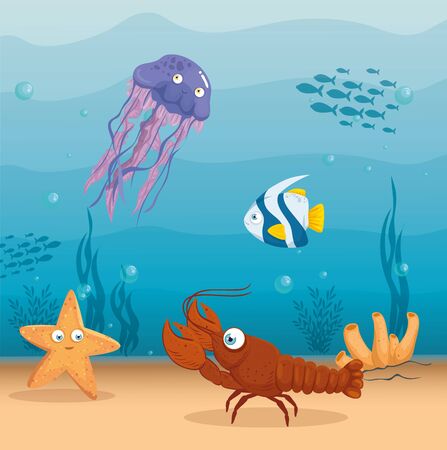 lobster with fish and wild marine animals in ocean, seaworld dwellers, cute underwater creatures,habitat marine concept vector illustration designのイラスト素材