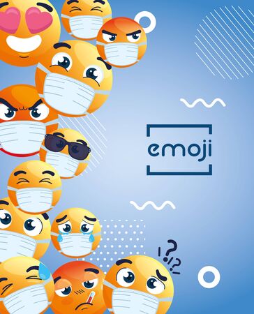 set of emoji wearing medical masks, icons for covid 19 coronavirus in geometric abstract background vector illustration designのイラスト素材