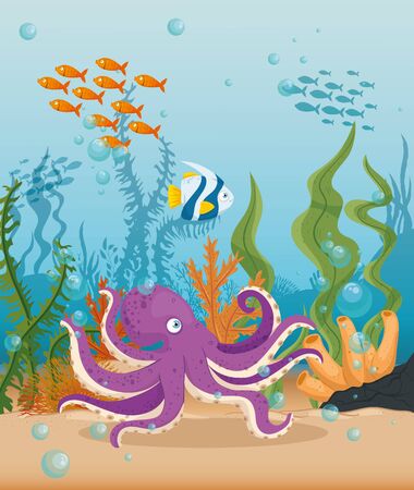 octopus with fishes marine animals in ocean, sea world dwellers, cute underwater creatures,habitat marine concept vector illustration designのイラスト素材