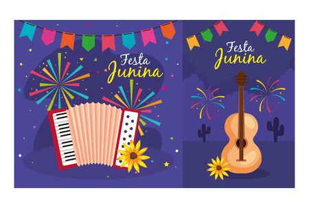 festa junina set cards, brazil june festival with decoration vector illustration designのイラスト素材