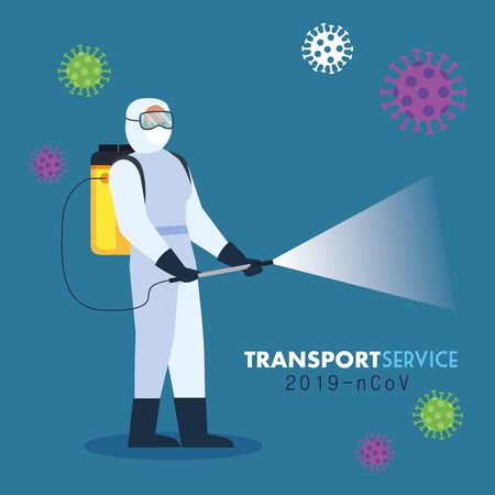 person in protective suit spraying disinfectant to cleaning and disinfection covid 19, for transport cleaning, coronavirus prevention vector illustration designのイラスト素材