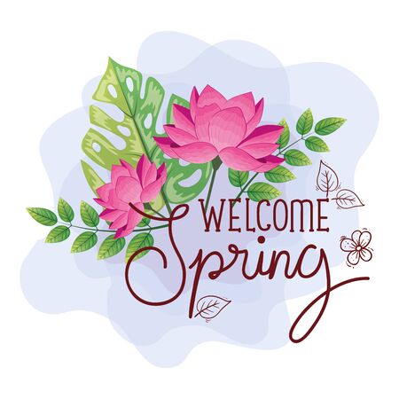 welcome spring, lettering spring season with flowers pink color and leaves nature decoration vector illustration designのイラスト素材