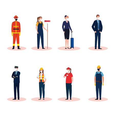 people with uniforms and workermasks design of Coronavirus 2019 nCov workers theme Vector illustrationのイラスト素材