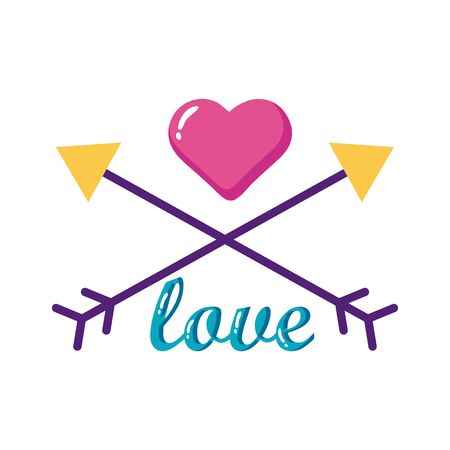 Heart with arrows and love word flat style icon design of love passion and romantic theme Vector illustrationのイラスト素材
