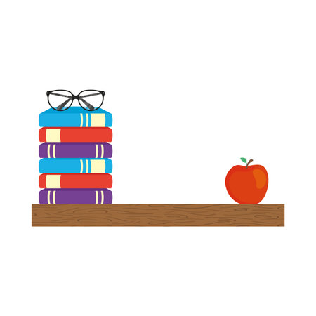 pile textbooks with eyeglasses and apple vector illustration designのイラスト素材