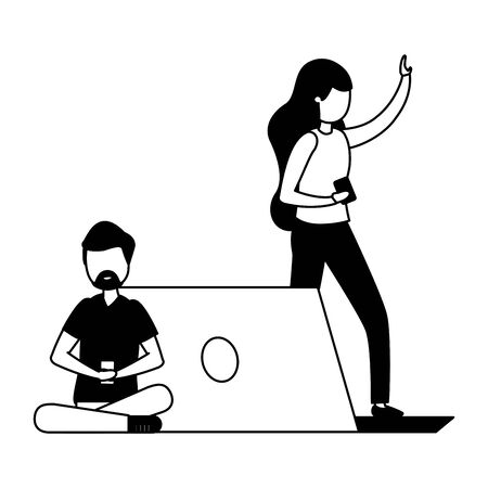 couple with smartphone and laptop avatar character vector illustration desingのイラスト素材