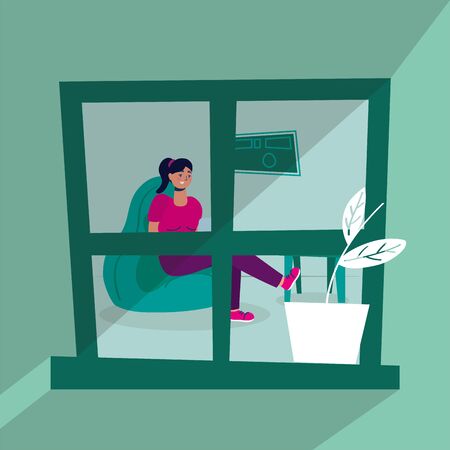 woman using laptop in sofa stay at home campaign vector illustration designのイラスト素材