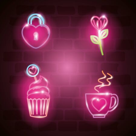 set of valentine icons in neon light vector illustration designのイラスト素材