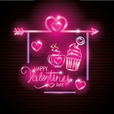 happy valentines day label in neon light, icons valentine day vector illustration designのイラスト素材