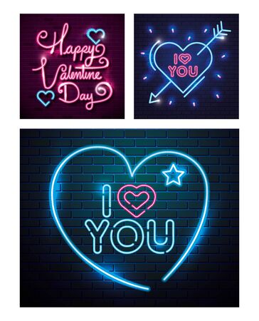 set of lettering of neon light for valentines day vector illustration designのイラスト素材