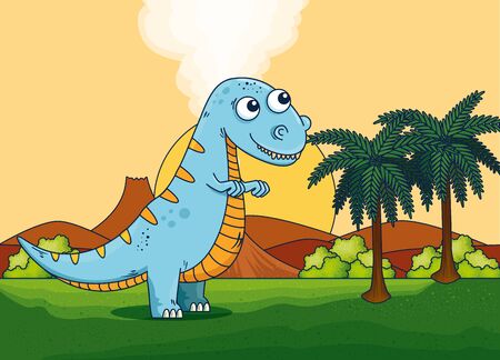 thescelosaurus with palms trees and volcano smoke to prehistoric animal vector illustrationのイラスト素材