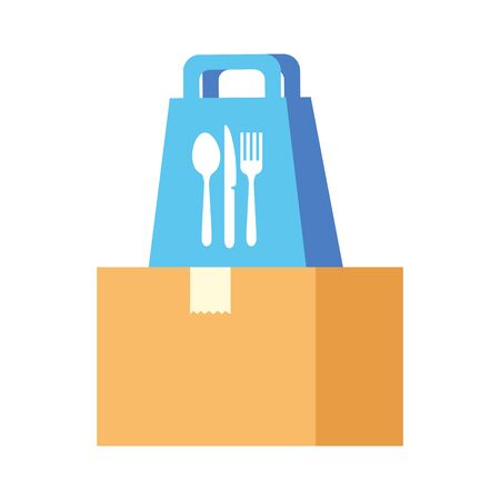food bag with cutlery on box design, Safe delivery logistics and transportation theme Vector illustrationのイラスト素材