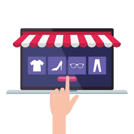 laptop with tent hand icon set and button design of Shopping online ecommerce market retail and buy theme Vector illustrationのイラスト素材