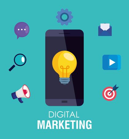 smartphone and light bulb with icon set design, Digital marketing and ecommerce theme Vector illustrationのイラスト素材