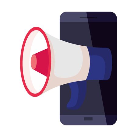 smartphone with megaphone design, Amplifer speaker bullhorn announce speech message communication and loud theme Vector illustrationのイラスト素材