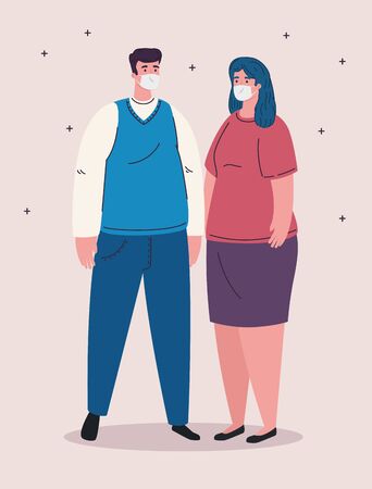couple wearing medical mask, against coronavirus, prevention covid 19 vector illustration designのイラスト素材