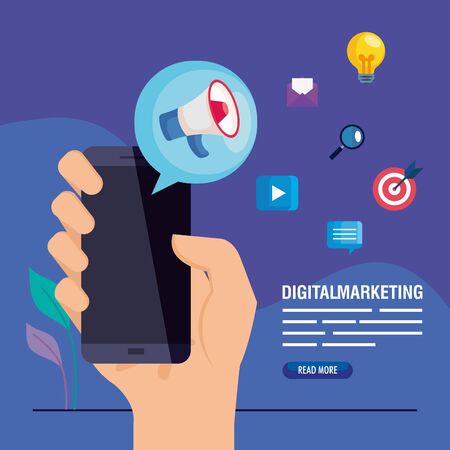 hand holding smartphone with megaphone and icon set design, Digital marketing and ecommerce theme Vector illustrationのイラスト素材