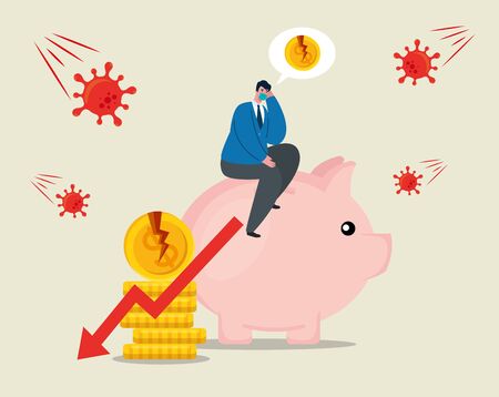 businessman with mask piggy and broken coins design of bankruptcy and covid 19 virus theme Vector illustrationのイラスト素材