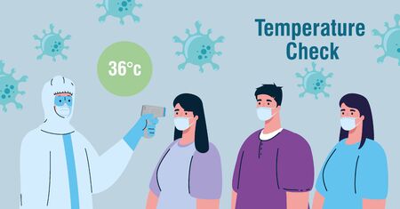covid 19 coronavirus, person with biohazard suit holding infrared thermometer to measure body temperature, group people in check temperature vector illustration designのイラスト素材