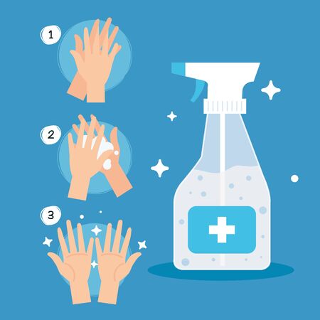 coronavirus protection, steps hands frequently with bottle disinfectant in spray, protect covid 19 vector illustration designのイラスト素材