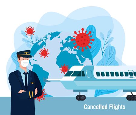 pilot man with mask airplane world leaves and covid 19 virus design, Cancelled flights travel and airport theme Vector illustrationのイラスト素材