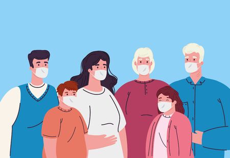 family wearing medical mask for prevent coronavirus covid 19 vector illustration designのイラスト素材