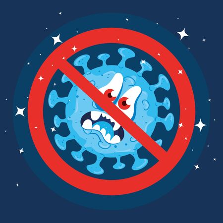 cartoon covid 19 emoji stop, coronavirus emoticon with facial expression, in forbidden signal vector illustration designのイラスト素材