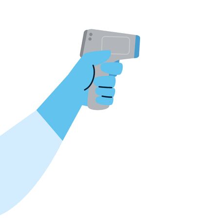 hand with digital non contact infrared thermometer, medical thermometer measuring body temperature, prevention of coronavirus disease 2019 ncov vector illustration designのイラスト素材