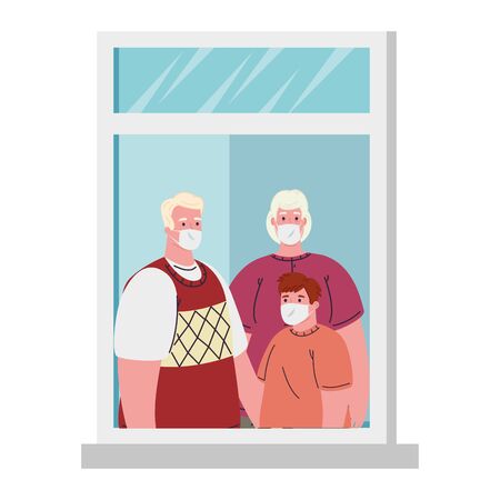 stay at home concept, window, family look out of home, quarantine or self isolation vector illustration designのイラスト素材