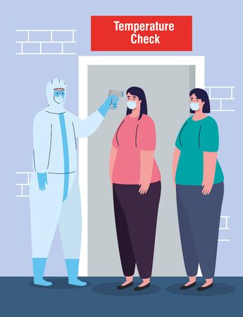 disinfection, person in viral protective suit, with digital non contact infrared thermometer, women in check temperature vector illustration designのイラスト素材