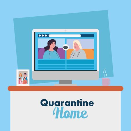 women talk to each other on the monitor screen, conference video call, stay at home, quarantine concept vector illustration designのイラスト素材