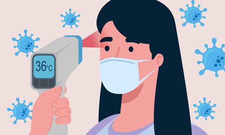 covid 19 coronavirus, hand holding infrared thermometer to measure body temperature, woman check temperature vector illustration designのイラスト素材