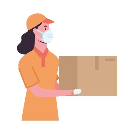 delivery woman with mask and box design of medical care and covid 19 virus theme Vector illustrationのイラスト素材