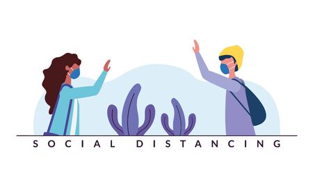 Social distancing between boy and girl with masks design of Covid 19 virus theme Vector illustrationのイラスト素材