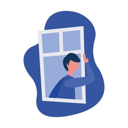 man cartoon at window design, architecture stay at home and house theme Vector illustrationのイラスト素材